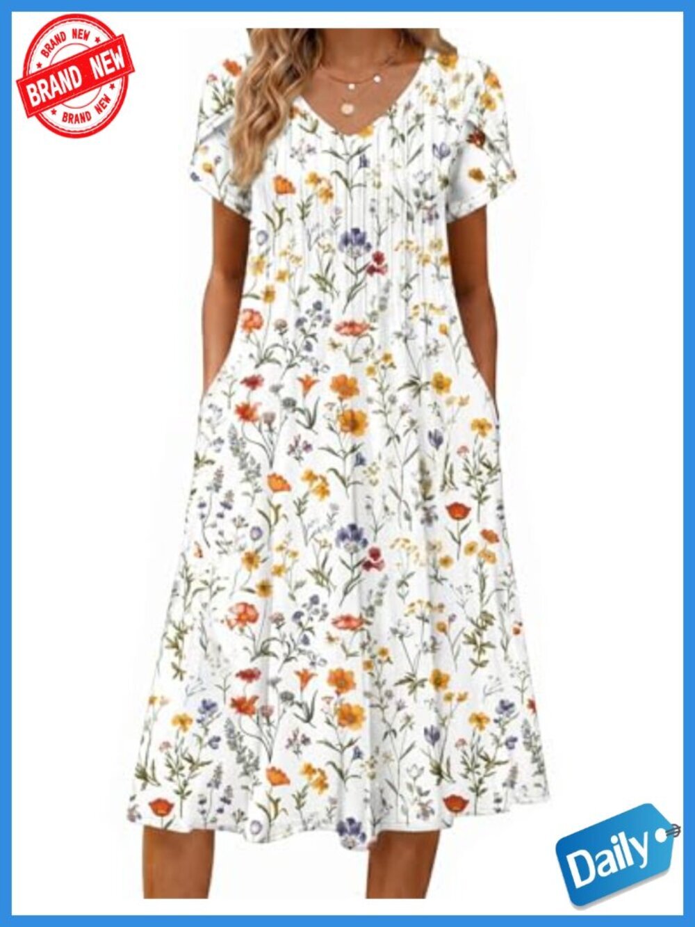 Short Sleeve Pleated Midi A-Line Flowy Boho Sundress with Pockets